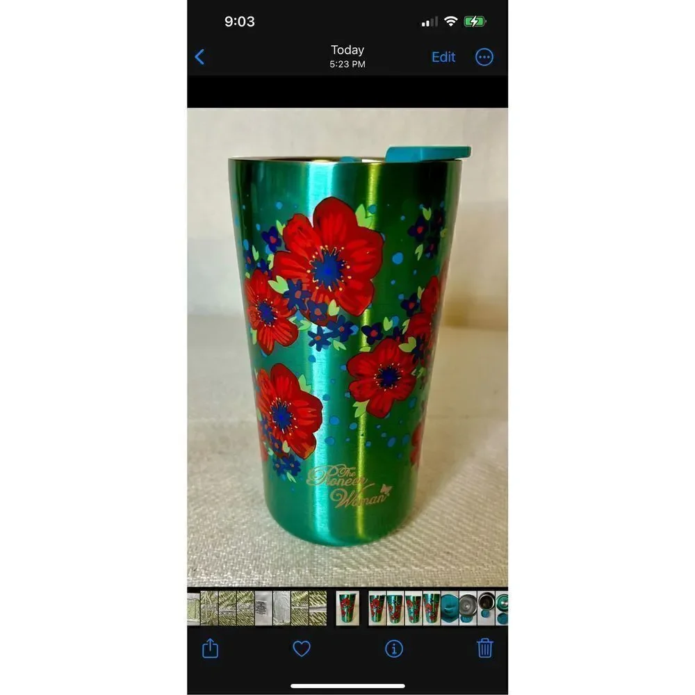 Pioneer Woman Teal W/Red Flowers Stainless Steel Travel Mug With Lid 20 Oz